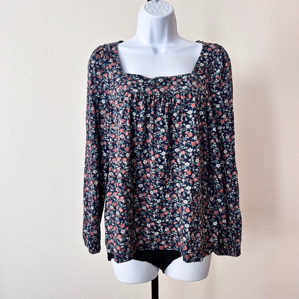 Lucky Brand womens square neck peasant top shirt navy blue pink florals sz M